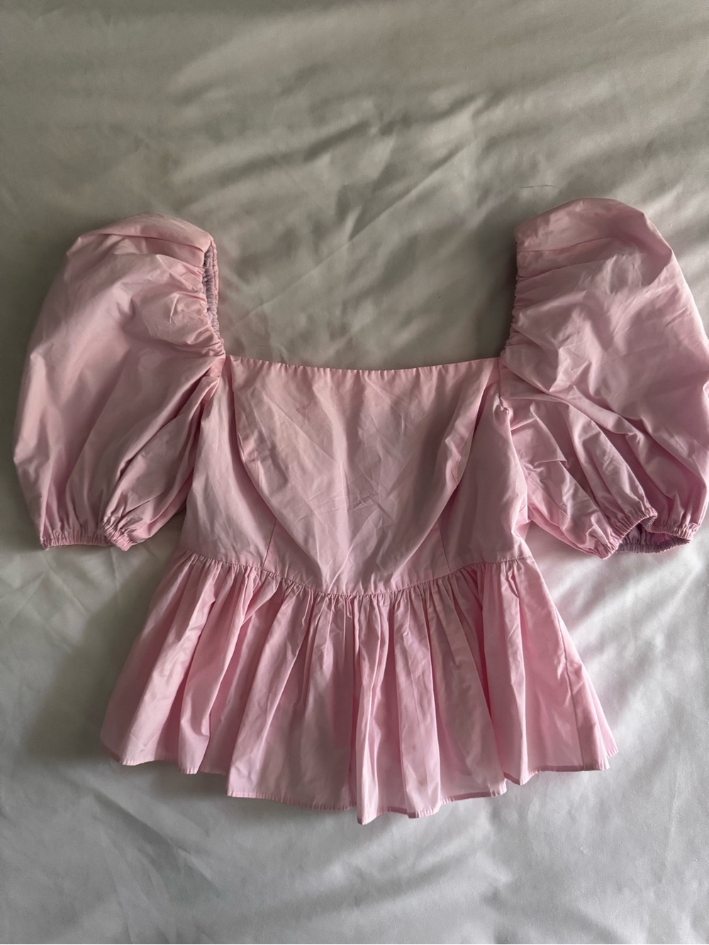 cinq a sept Pink Puff-Sleeve Peplum Blouse